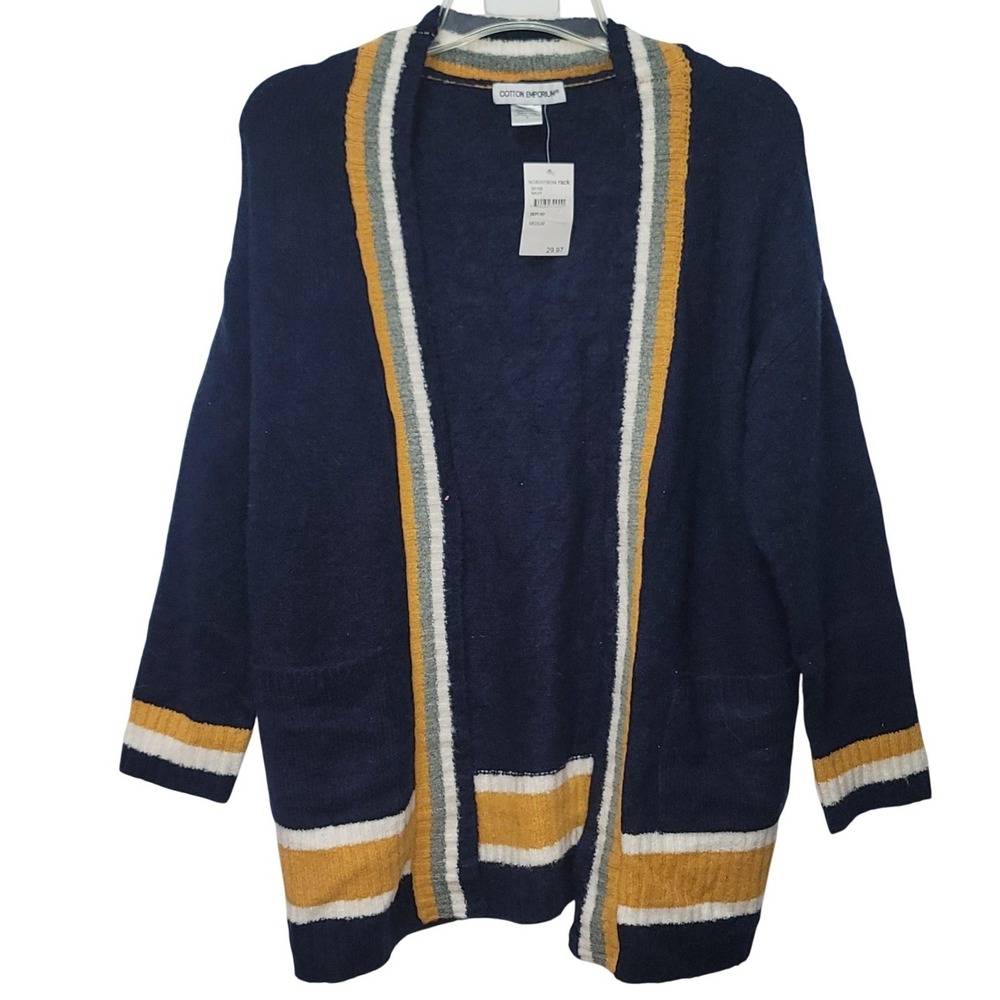 Cotton Emporium Varsity Navy Striped‎ Cardigan Sweater M Pockets Academia Preppy
